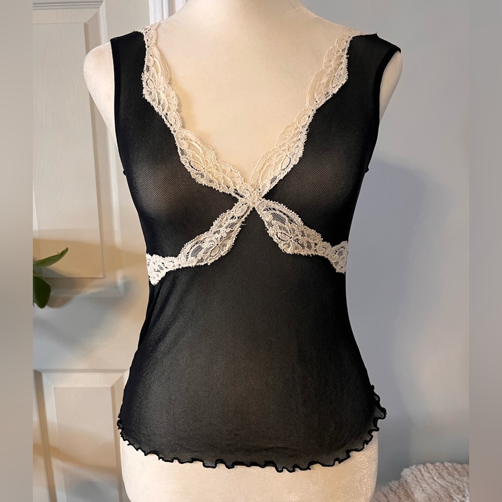 Y2K Black Mesh Lace Trim Tank Top Fairy Grunge Whimsigoth Coquette Size S